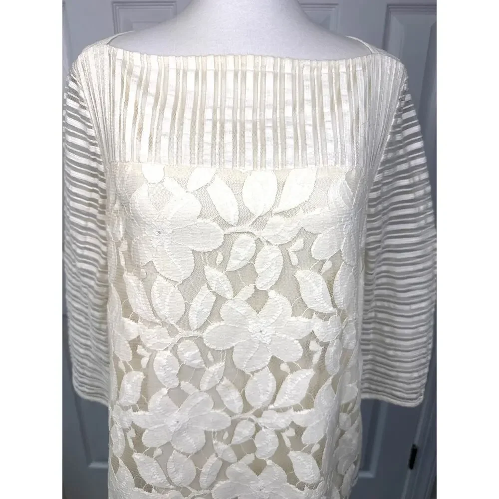 Tory Burch Cream Lace Front Boat Neck Top Sheer Stripe Sleeves 3/4 Sleeve Small